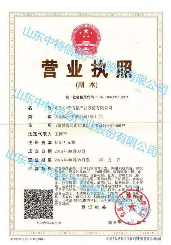 中特營(yíng)業(yè)執(zhí)照有水印